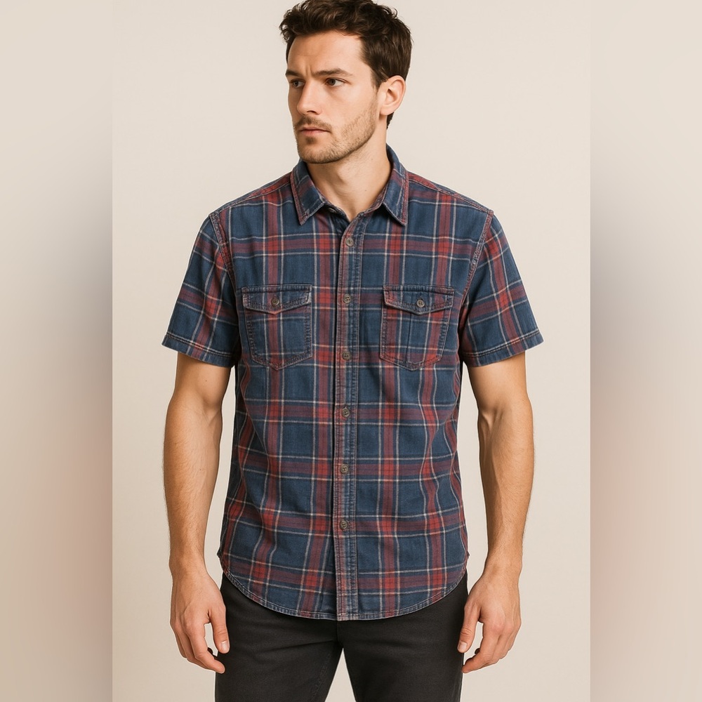 Thread & Cloth Men’s Short Sleeve Plaid Denim Look Shirt Blue Red XL